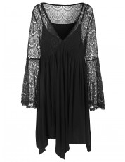 Plus Size Plunging Neckline Bell Sleeve Lace Insert Dress BLACK