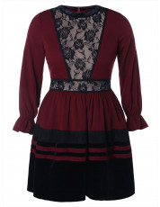 Plus Size Contrast Lace Insert Flare Dress FIREBRICK