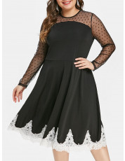 Plus Size Sheer Mesh Insert Lace Trim Flare Dress BLACK