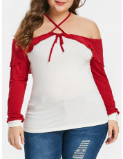 Plus Size Criss Cross Cold Shoulder Long Sleeve Top WHITE