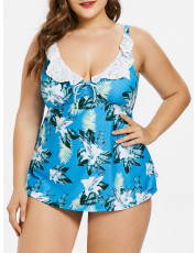 Plus Size Flower Leaf Tankini Set BLUE