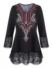 Plus Size Floral Paisley Print Lace Trim T Shirt BLACK