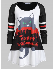 Plus Size Tunic Raglan Sleeve Cat Print T Shirt BLACK