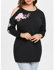 Plus Size Cut Out Sleeve Floral Print T-shirt BLACK
