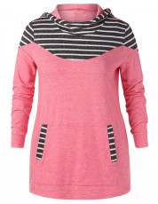 Plus Size Contrast Striped Hoodie PINK