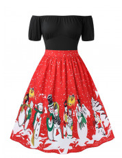 Plus Size Off The Shoulder Snowman Print Christmas Dress RED