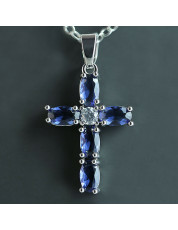 Elegant Cross 925 Silver Necklace Pendants Blue Sapphire Women Jewelry Gift