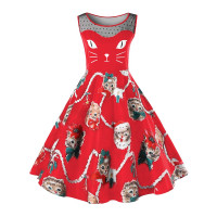 Christmas Plus Size Kitten Swing Dress BRIGHT RED