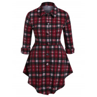 Plus Size Plaid Curved Peplum Top RED WINE