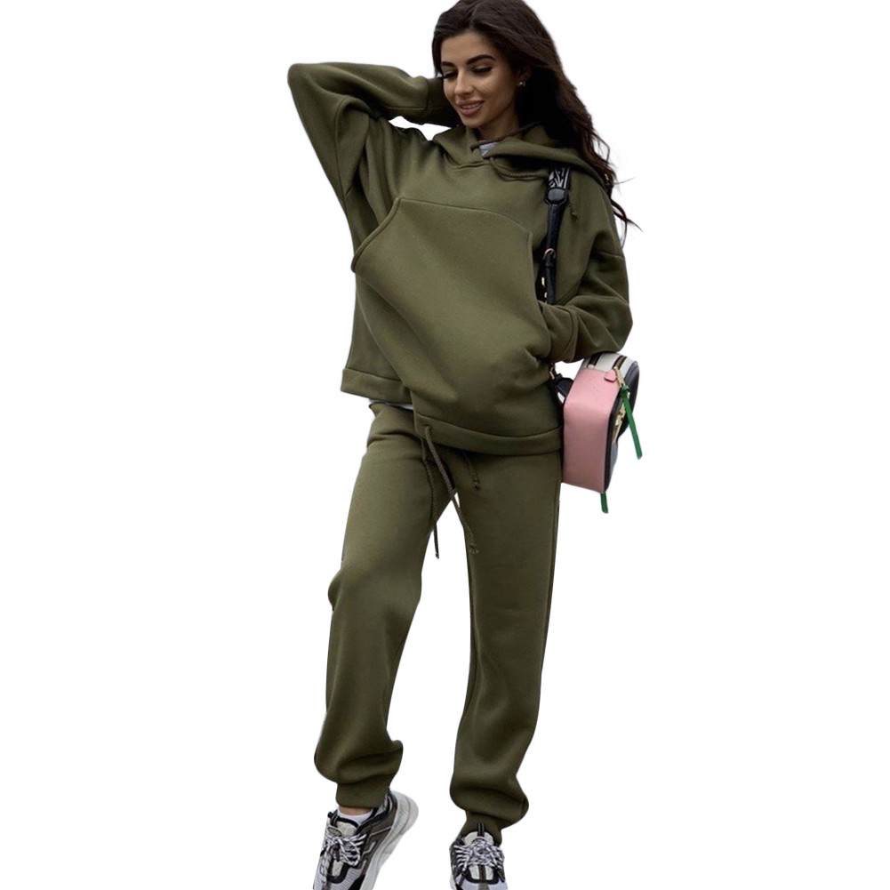 Autumn Fleece Sports Pockets Women's Suits Long Sleeve Drawstring Female Hoodies Suit Casual Tracksuit Long Pants Ladies Set