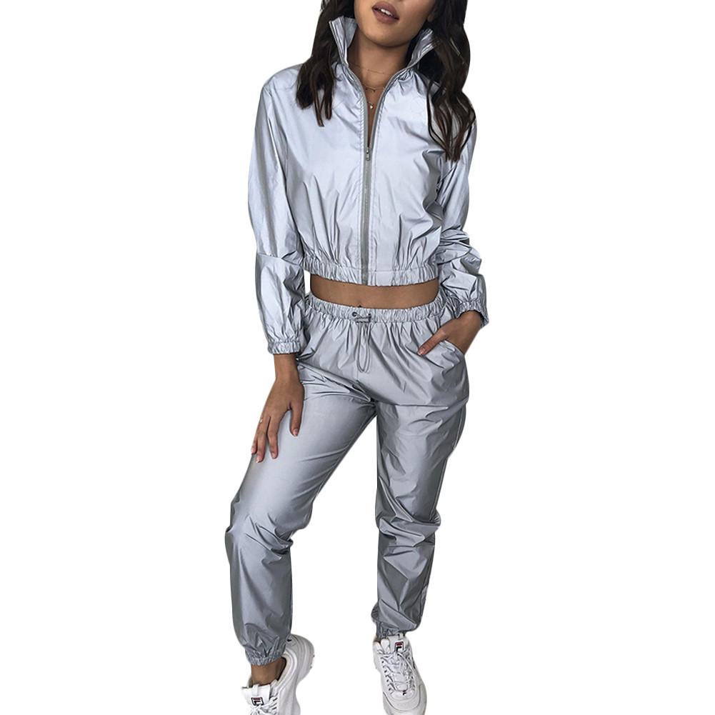 Women Sexy Reflective Tracksuit Night Version Buttons Turn Down Collar Long Sleeve Crop Top + Casual Pants Two Piece Set