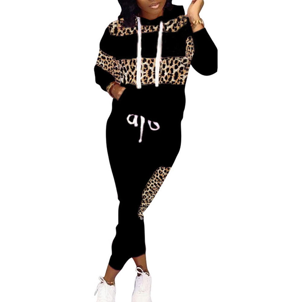 Women Fall Winter Leopard Pathwork Hooded Long Sleeve Sweatshirts Hoodies Warm Pants Two Pieces Sets Tracksuits Outfits 2019