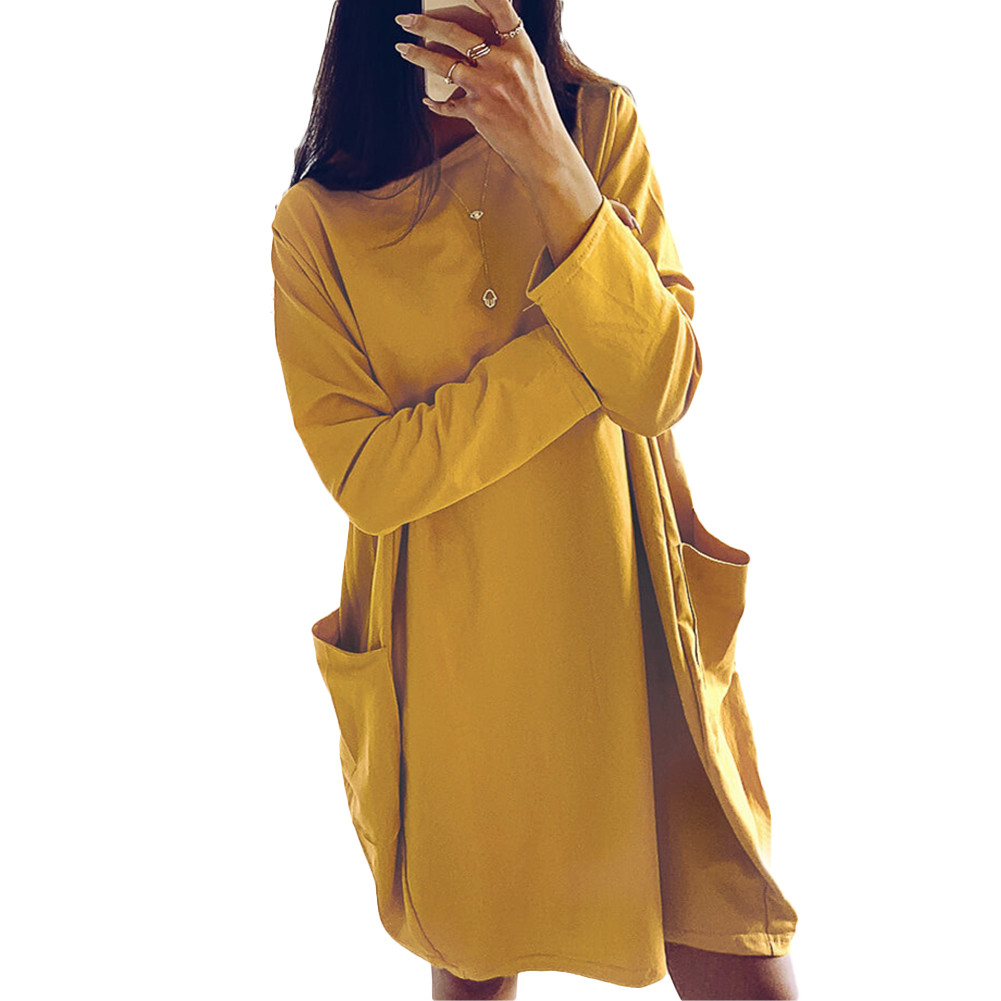 2020 New Fashion Women's Autumn Winter Long Sleeved Midi Dress Ladies Casual Loose Solid O Neck Pocket Dresses 