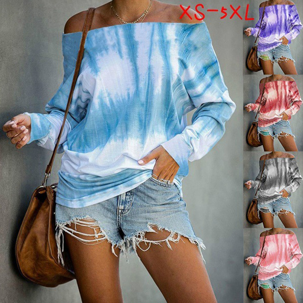 2020 Fashion Sexy Off Shoulder Tie Dye Long Sleeve Women Blouse Sexy Women Tops and Shirt Tie Dye Shirt Women Plus Size Tops