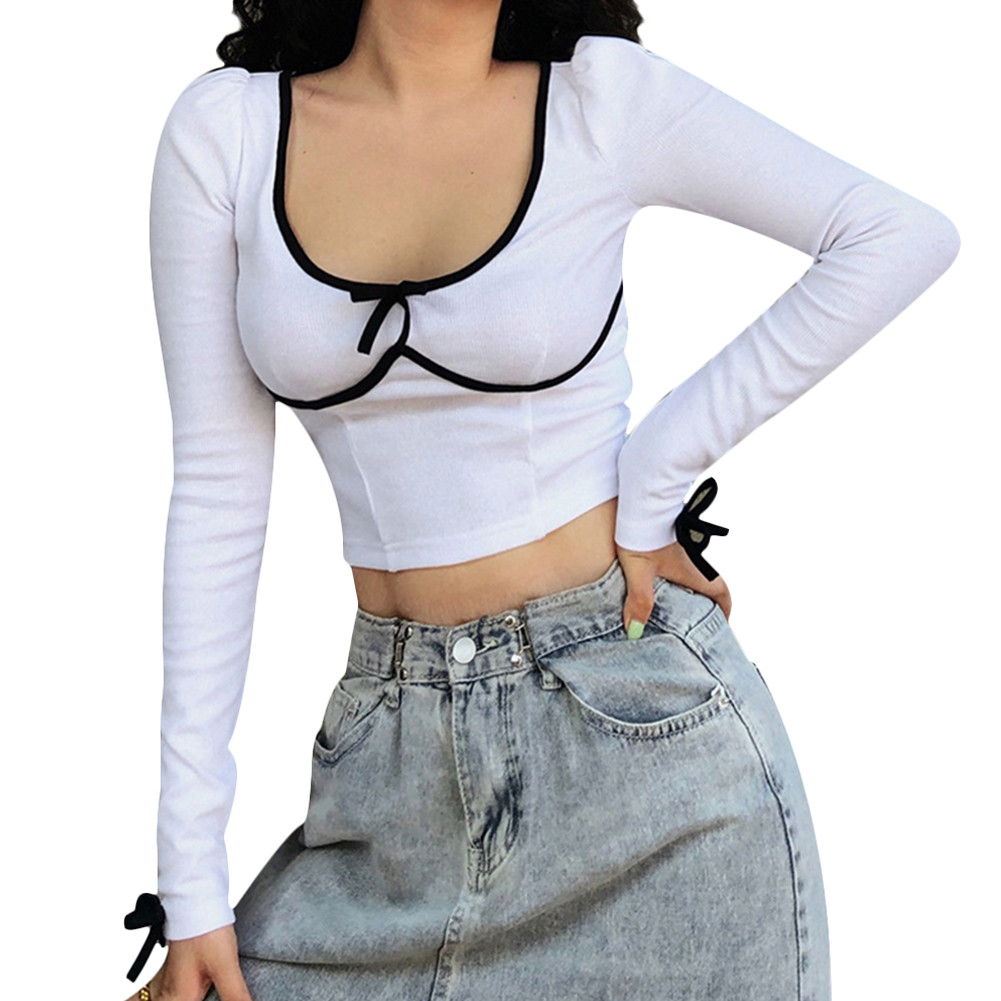 Women's T-shirts bow knitted long sleeve y2k aesthetic top female E-girl za tee summer 2020 vintage tshirt