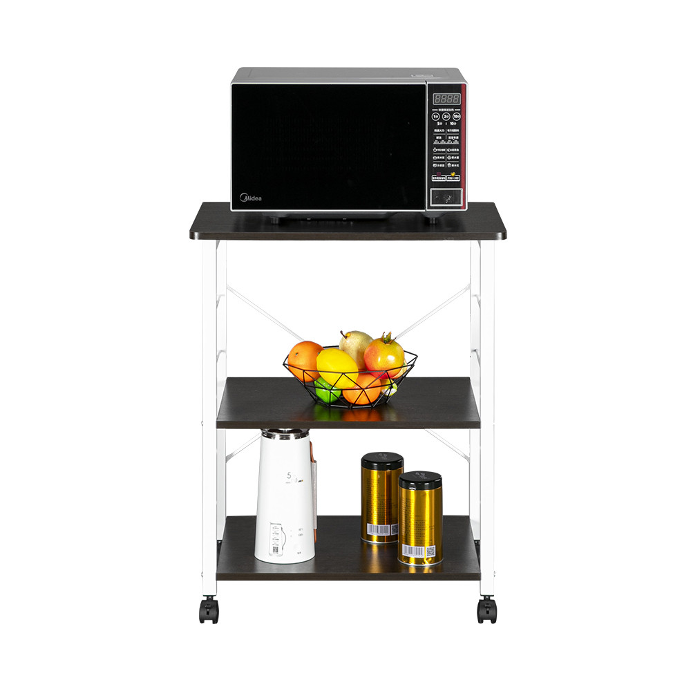 Baker's Rack 3-Tier Kitchen Utility Microwave Oven Stand Storage Cart Workstation Shelf(Dark Brown Top White Metal Frame)