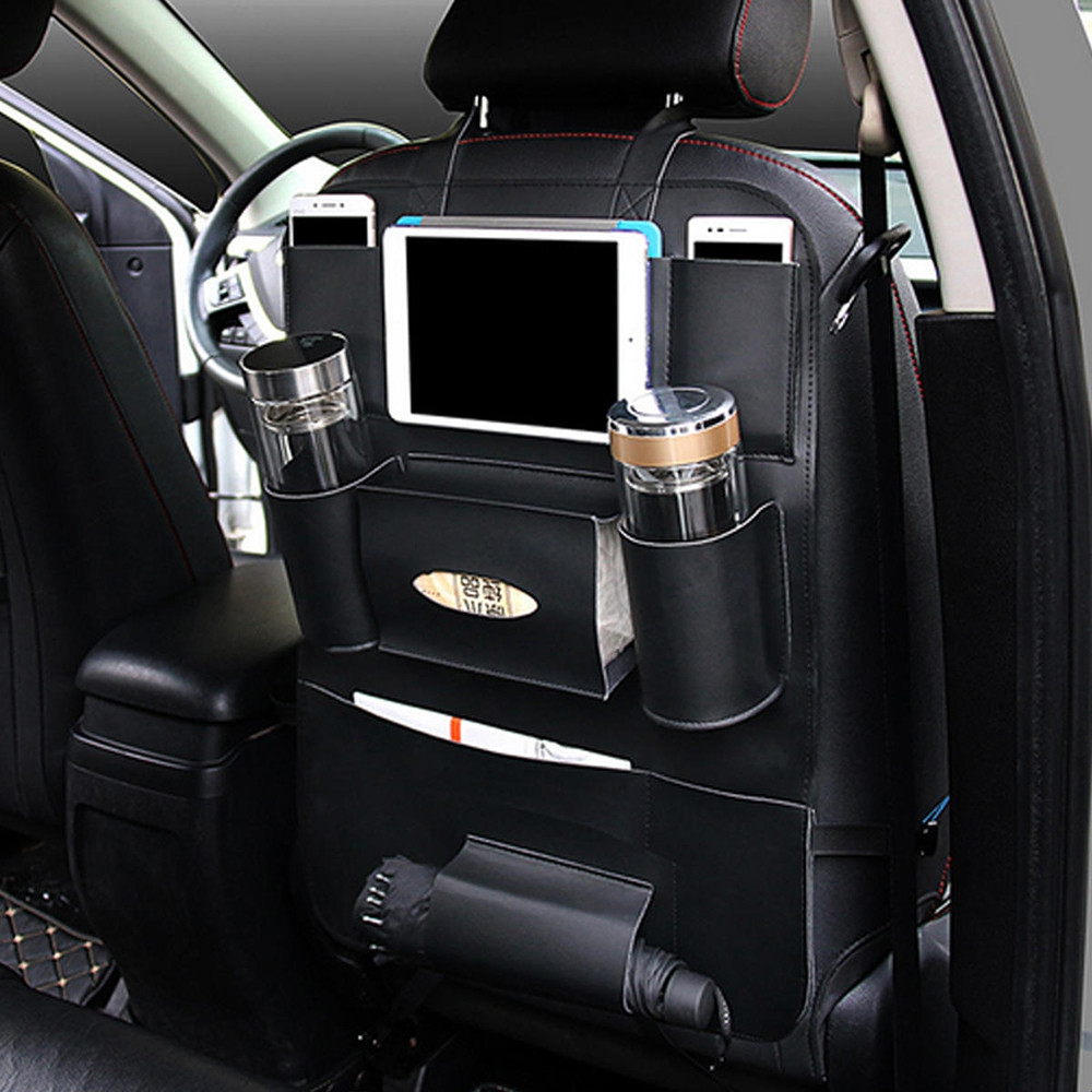 PU Leather Car Back Seat Storage Bag Pocket Phone Pad Cup Holder BLACK