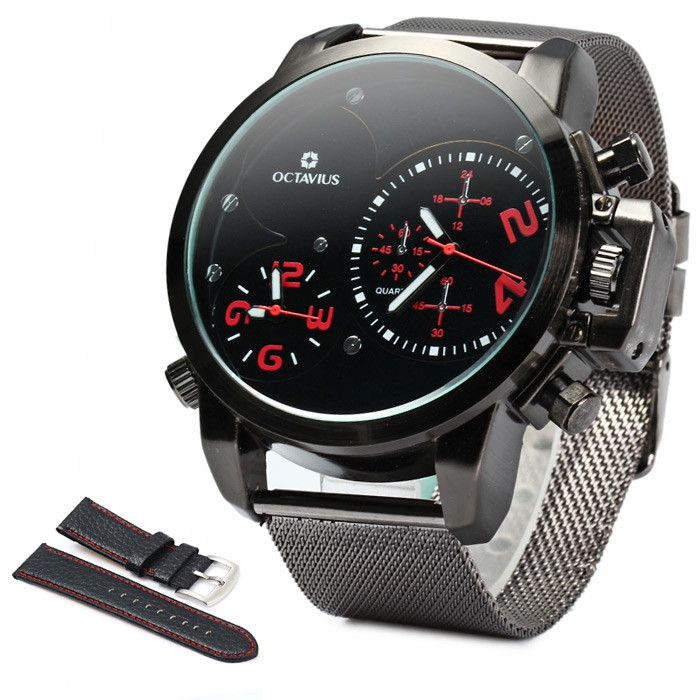 OCTAVIUS Male Quartz Watch Double Movt with Steel Net Band BLACK