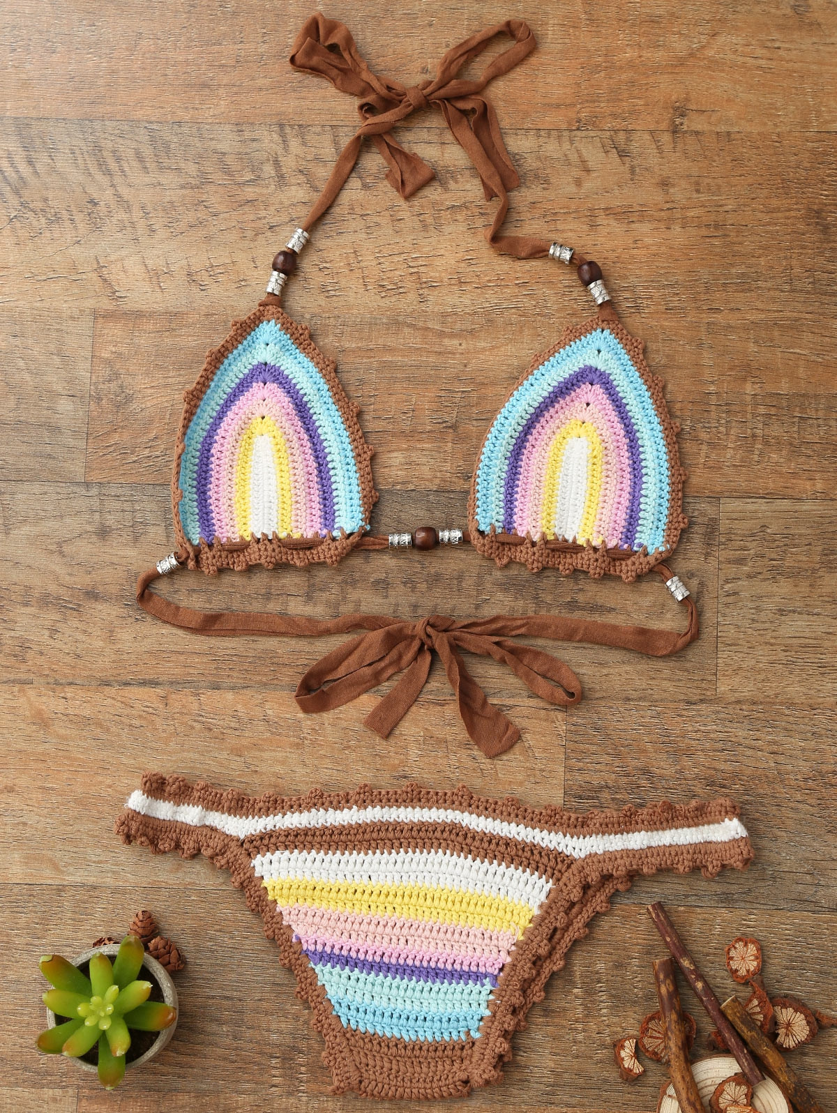 Trendy Halter  Knitted Colored Women's Bikini Set COLORMIX