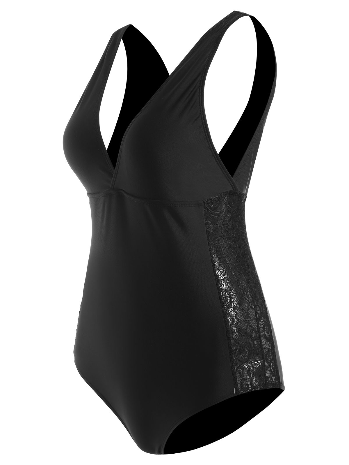 Lace Panel Plunge Swimsuit BLACK