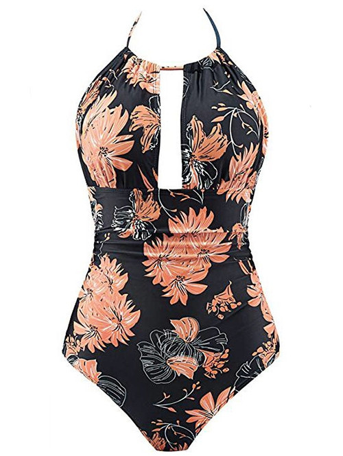Halter Flower Backless One-Piece Swimsuit BLACK
