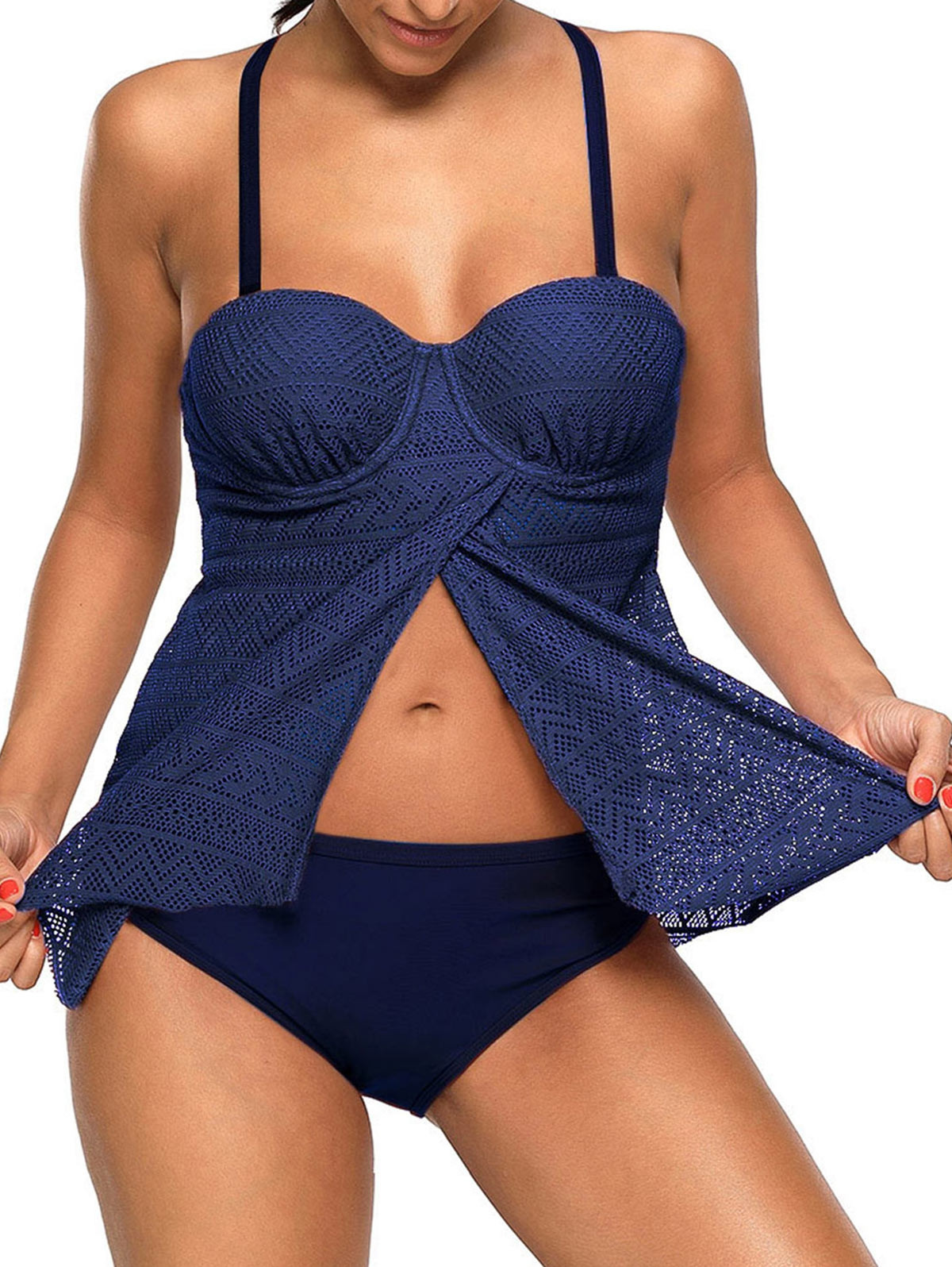 Flyaway Openwork Push Up Tankini Set CERULEAN