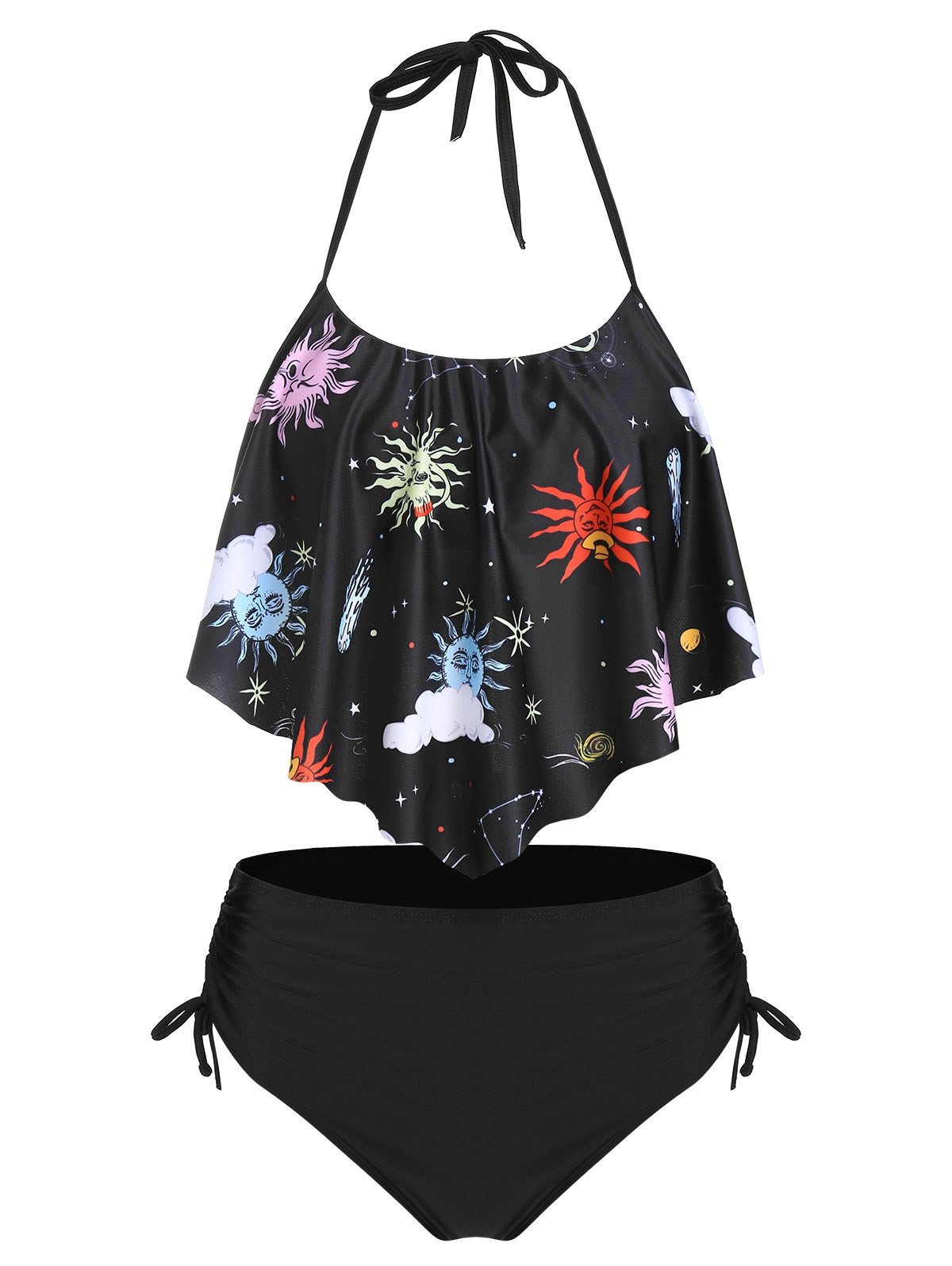Sun Print Halter Cinched Hem Tankini Swimwear BLACK