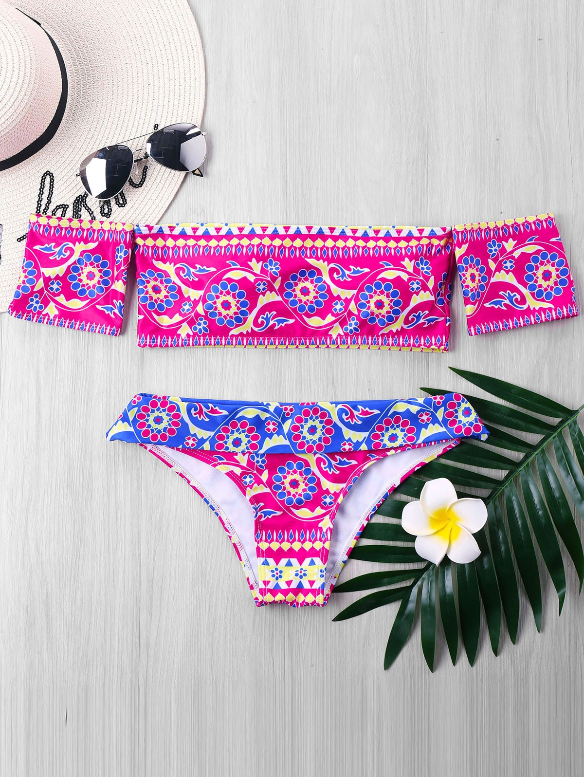 Tiny Floral Off The Shoulder Bikini Set DEEP PINK