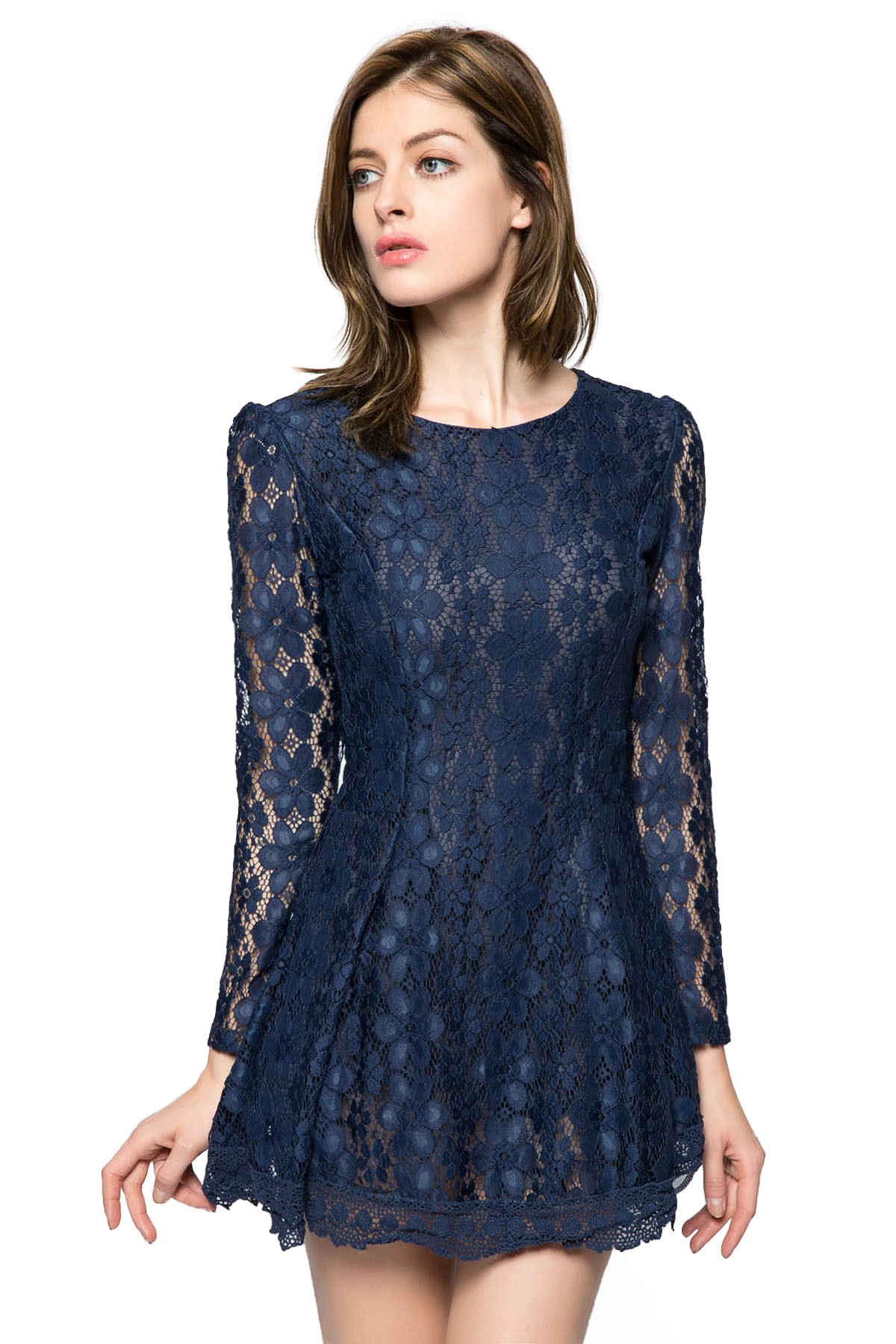 Lace Long Sleeve Short Cocktail Dress SAPPHIRE BLUE
