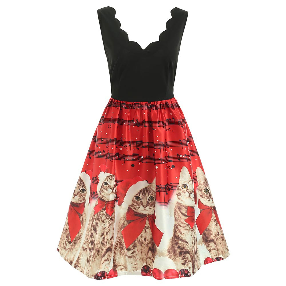 Christmas Cats Musical Notes Print Sleeveless Dress RED
