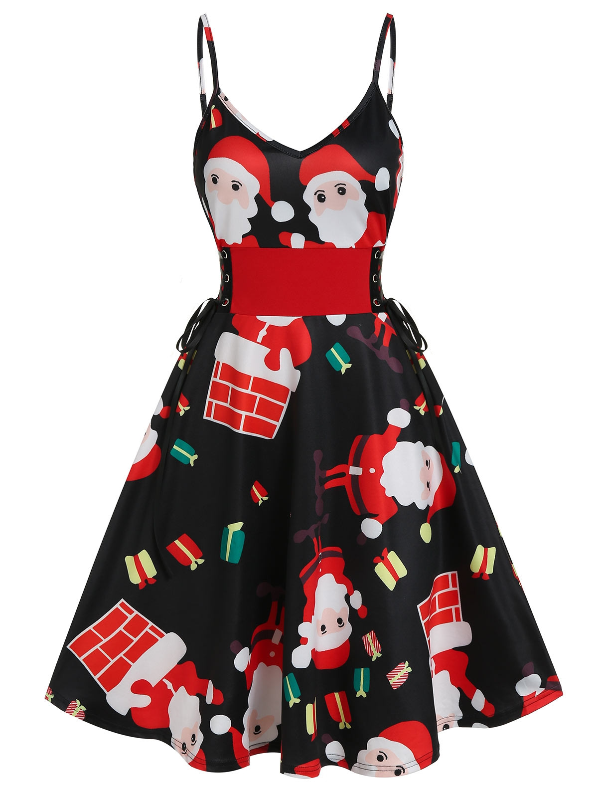 Christmas Santa Print Corset Waist Cami Dress MULTI-A