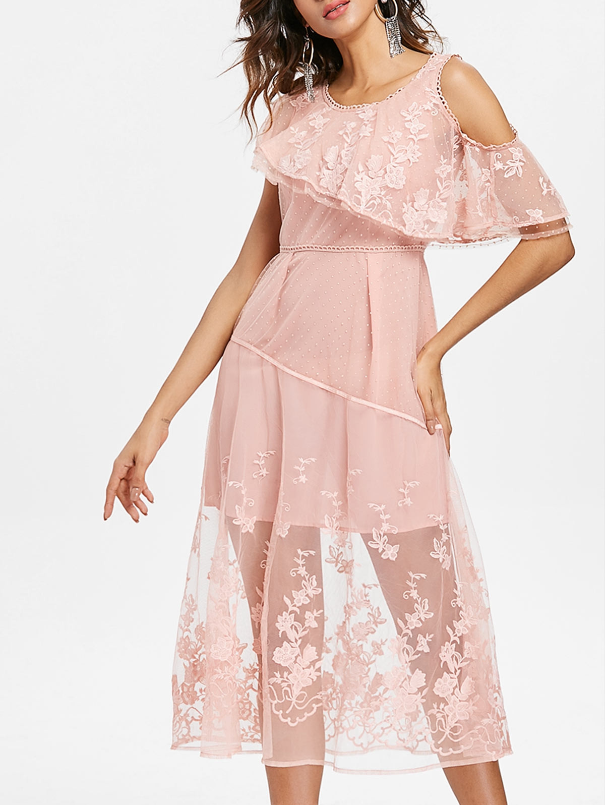 Cold Shoulder Ruffled Midi Dress LIGHT PINK