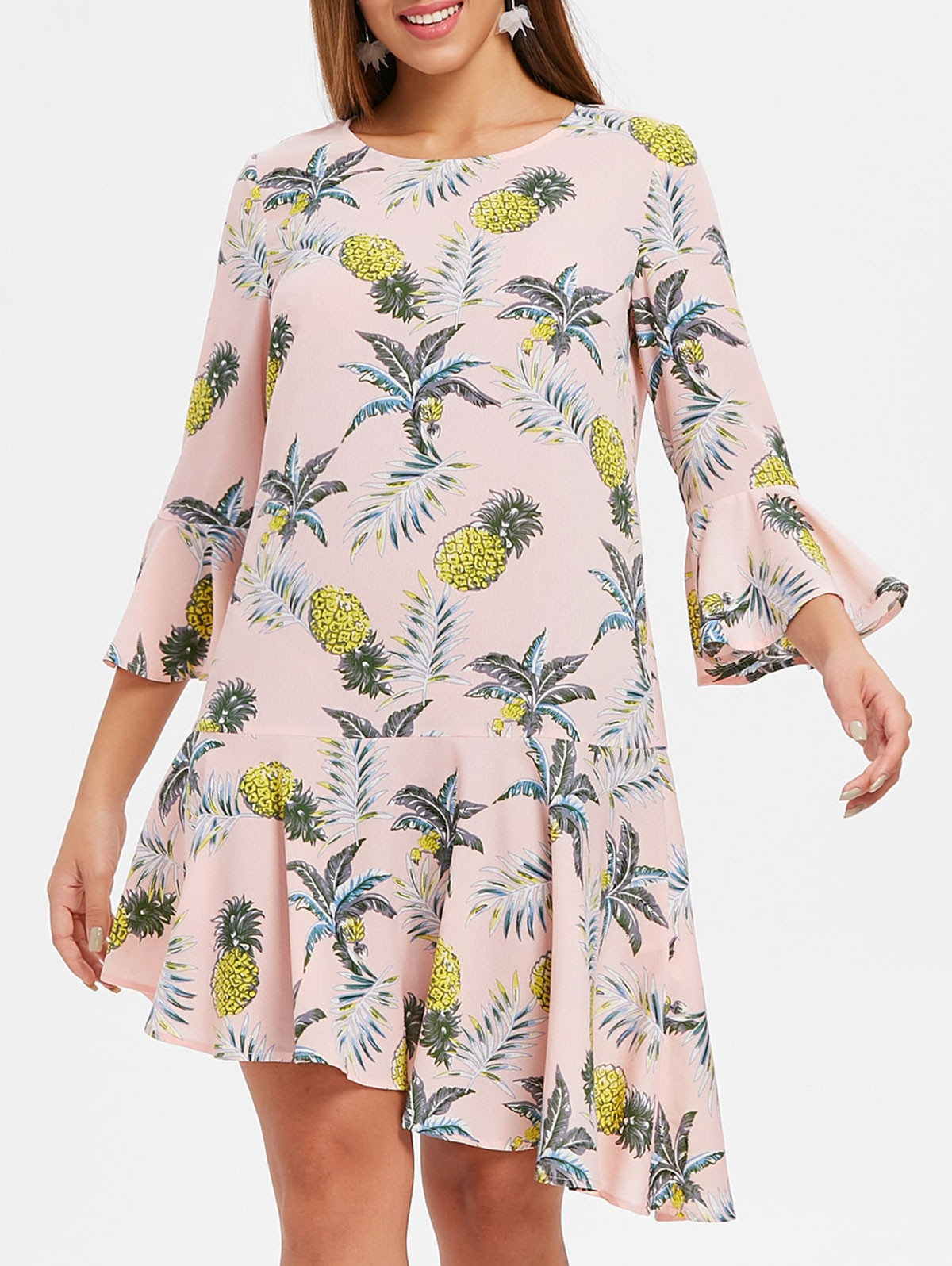 Bell Sleeve Pineapple Print Flounced Dress PINK