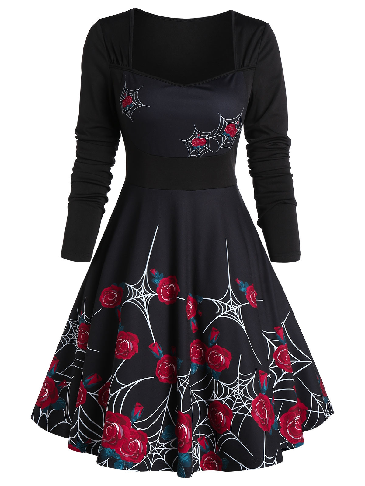 Rose Spider Web Print Fit And Flare Dress BLACK