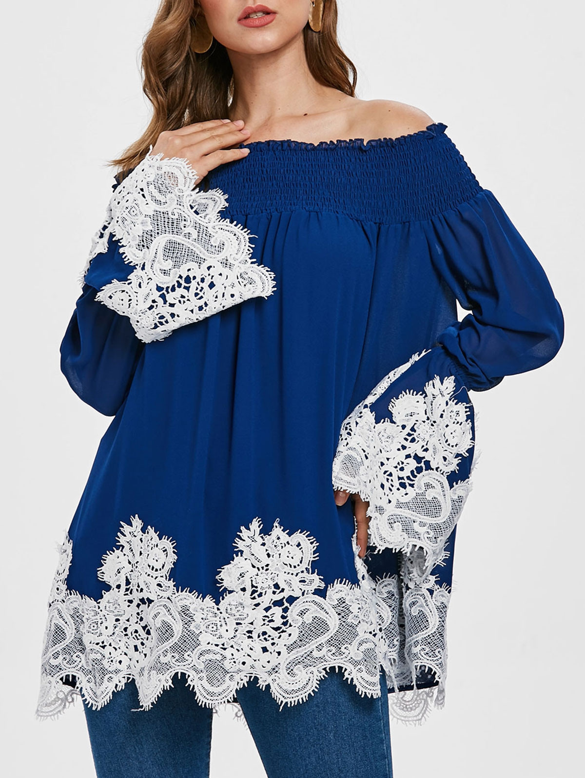 Contrast Lace Panel Off The Shoulder Blouse ROYAL BLUE