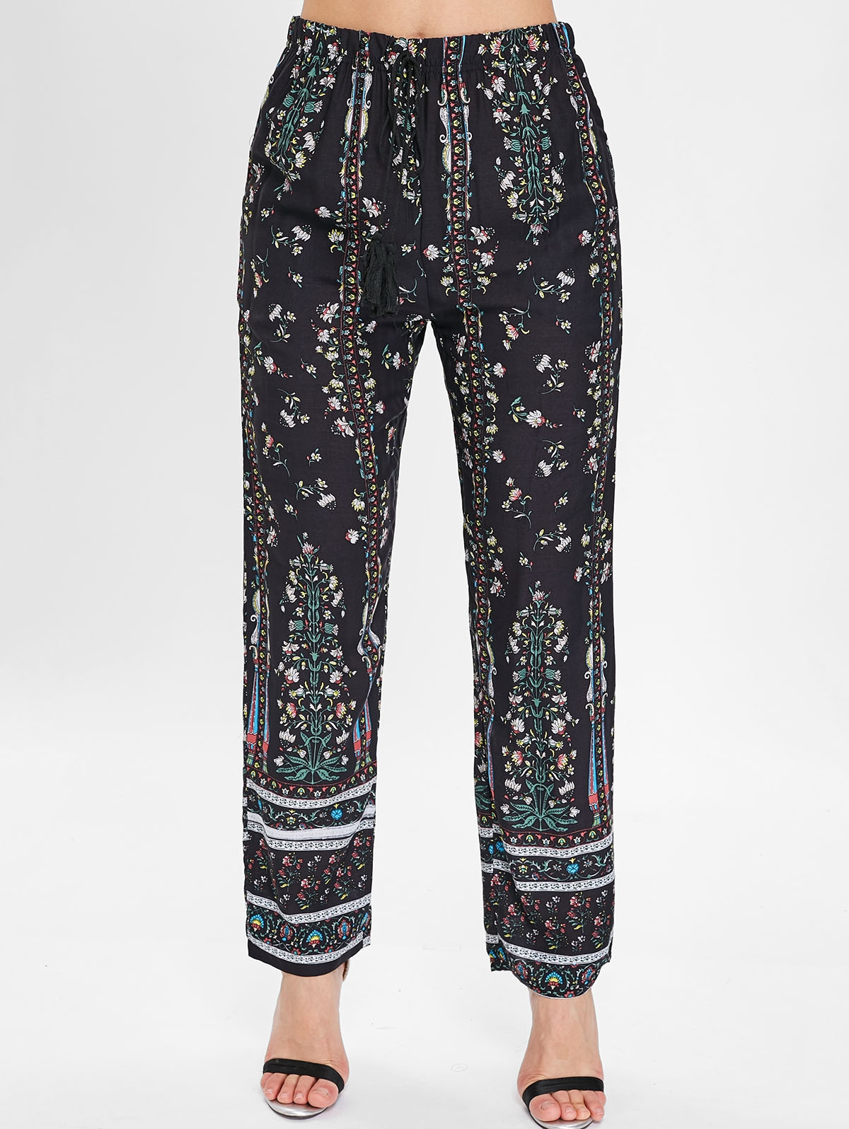 Drawstring Floral Sleeping Pants BLACK