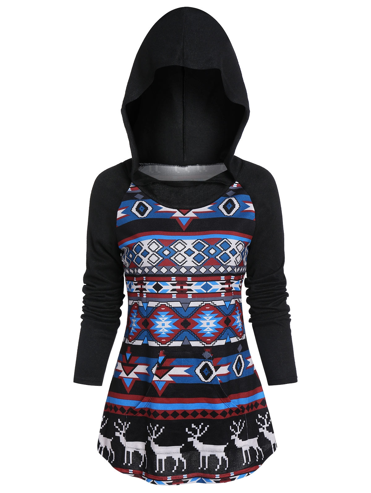 Christmas Tribal Print Hooded Raglan Sleeve Kangaroo Pocket Knitwear BLACK