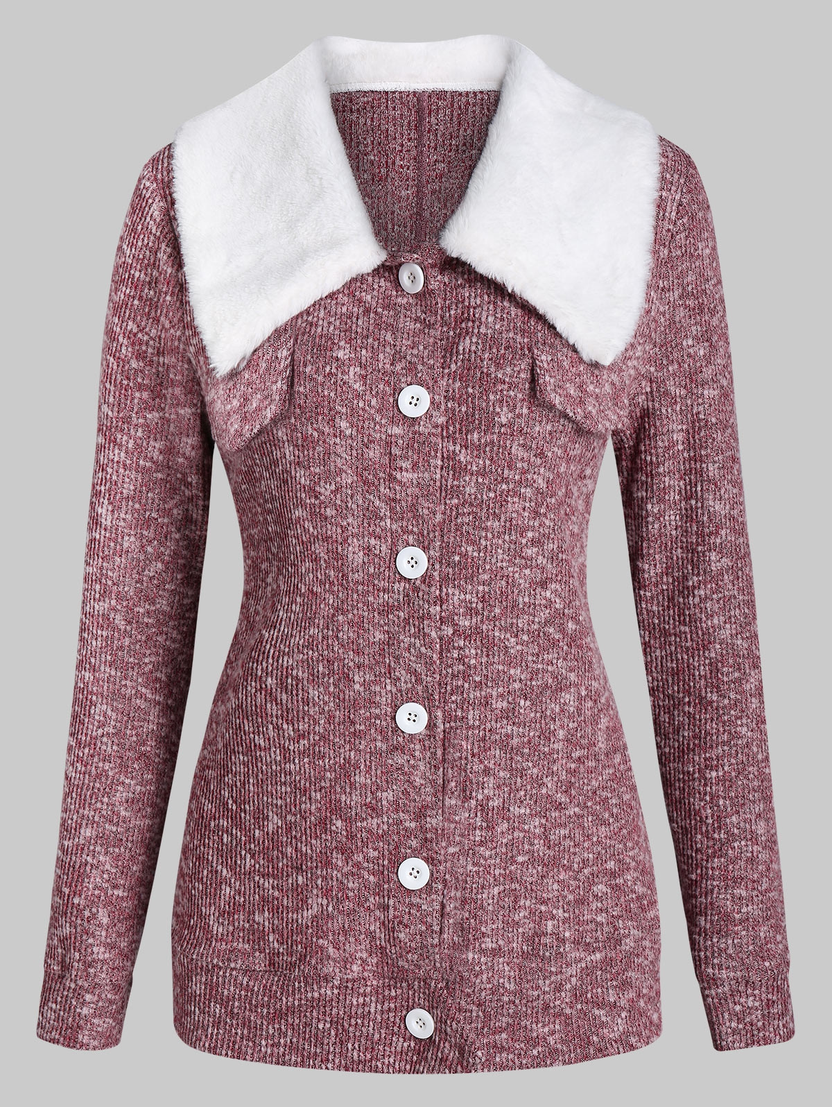 Faux Fur Collar Button Cardigan RED WINE