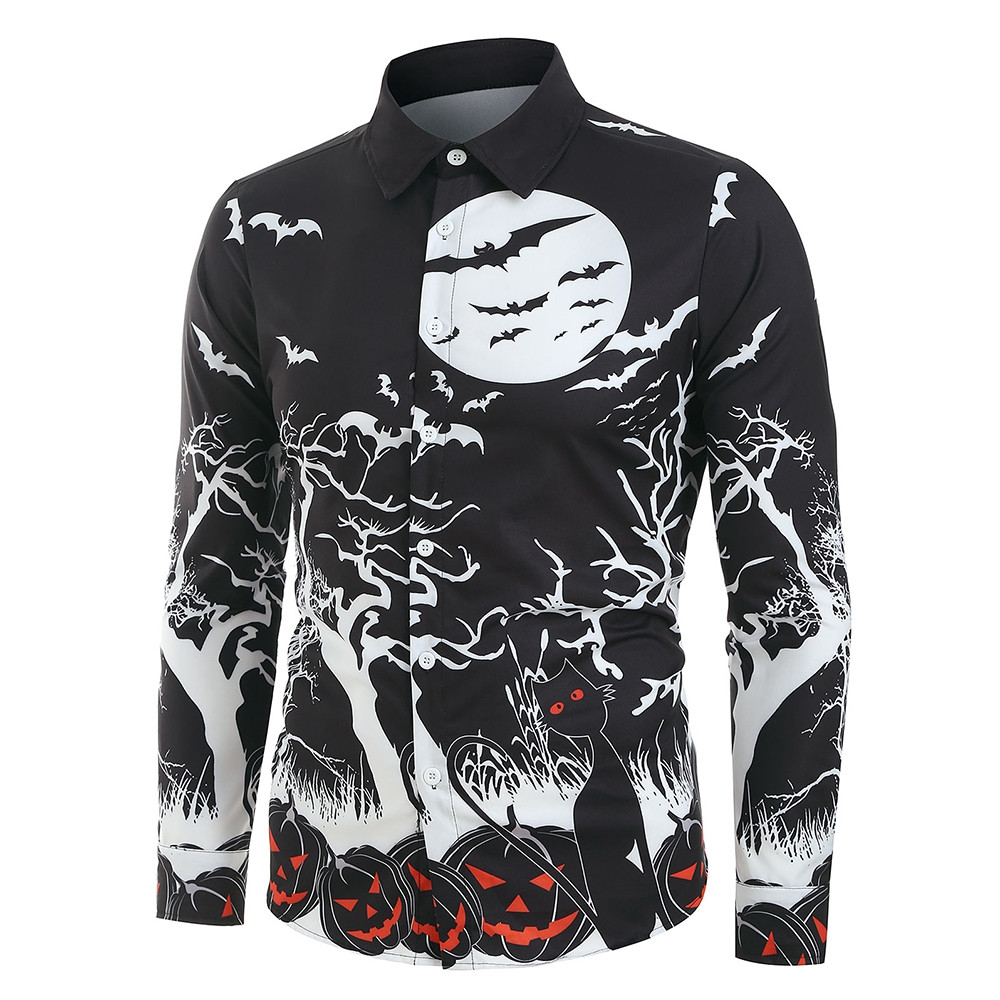 Halloween Night Pumpkins Print Button Up Long Sleeve Shirt BLACK