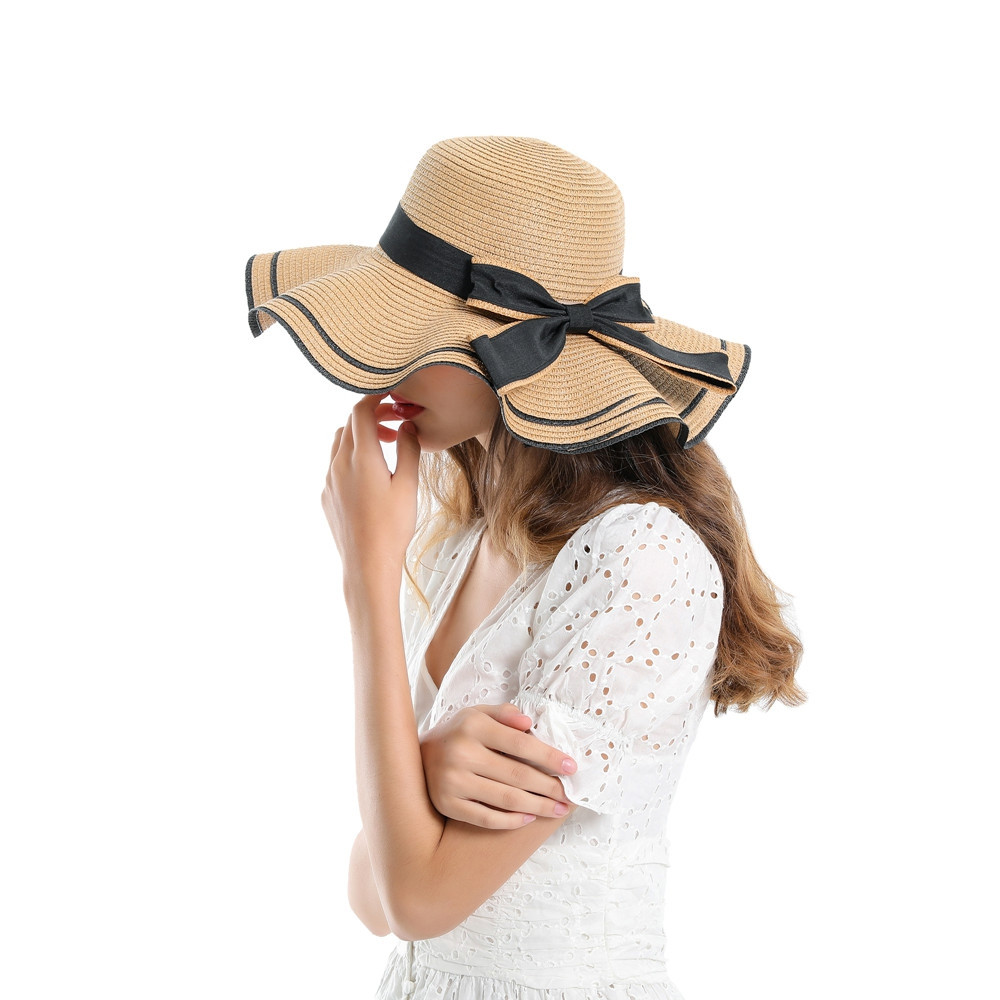 SALYBABY Spring Elegant Wavy Brim with Bow-Knot Beach Straw Hat LIGHT BROWN