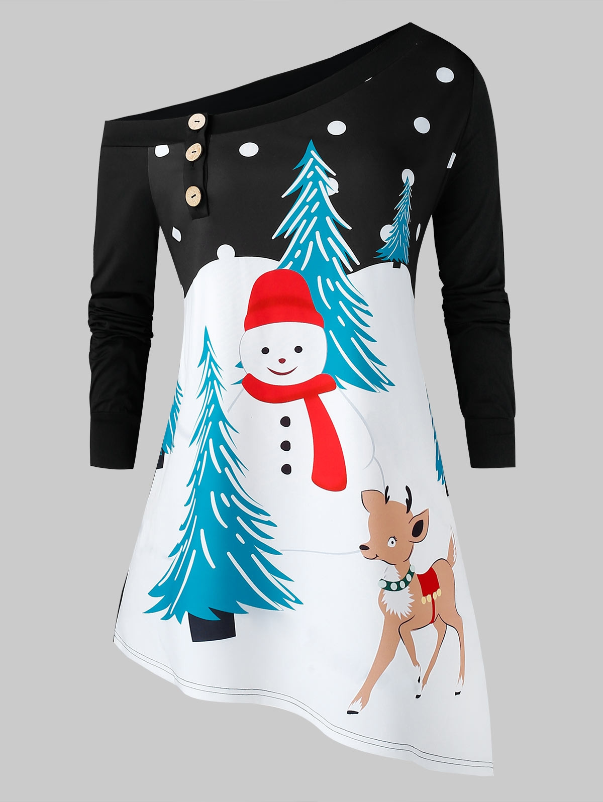 Plus Size Christmas Skew Collar Snowman Print Asymmetrical Sweatshirt MULTI