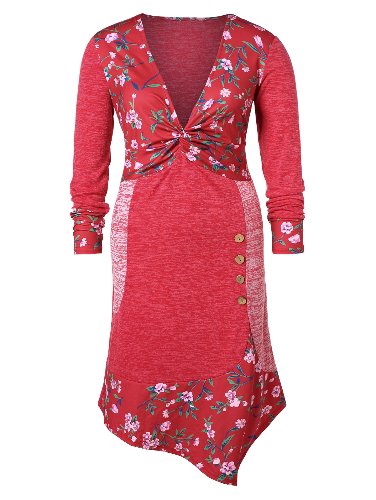 Plus Size Front Twist Floral Dress RED