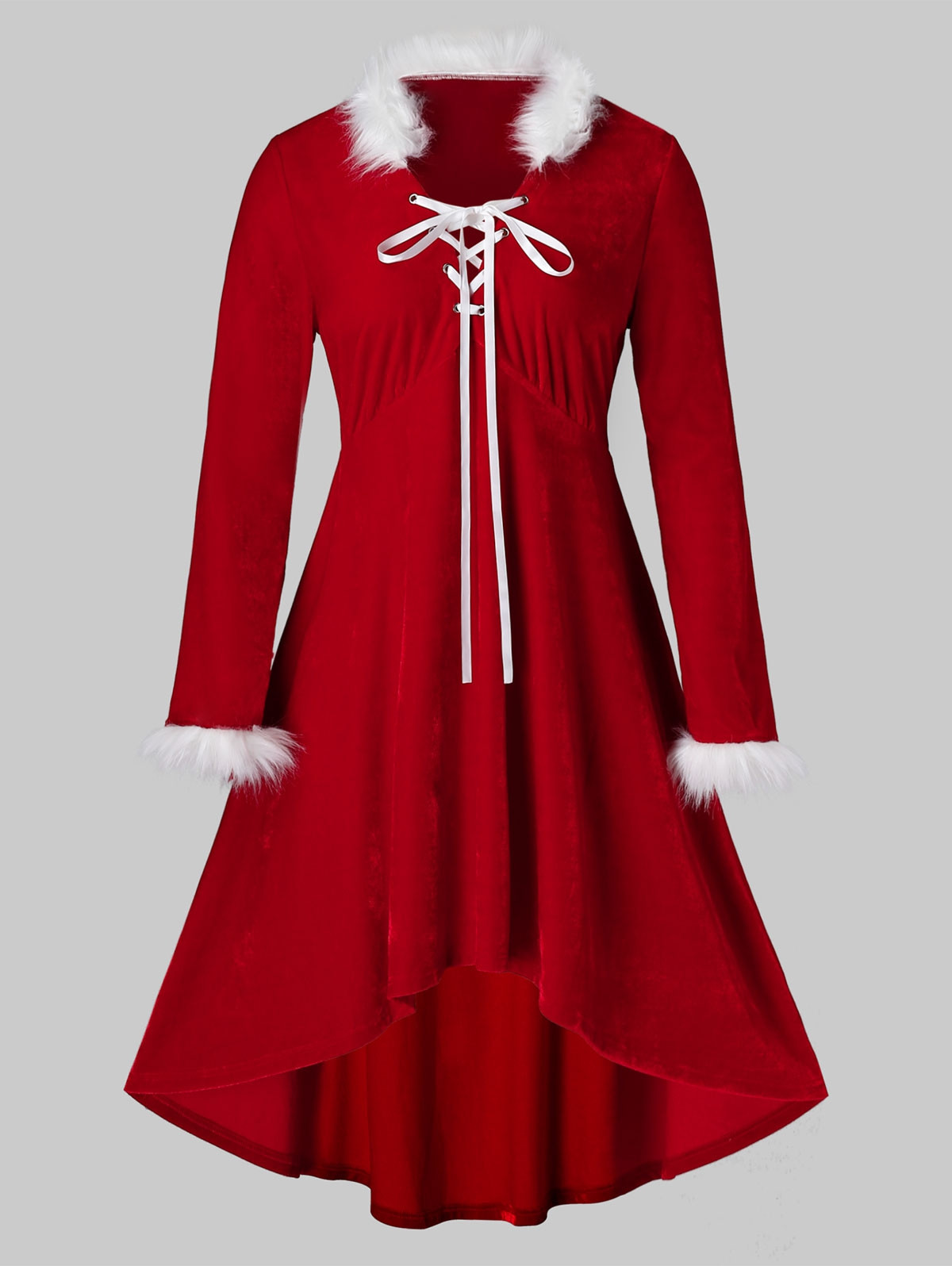 Plus Size Christmas Velvet Lace Up Faux Fur Panel Midi Dress RUBY RED