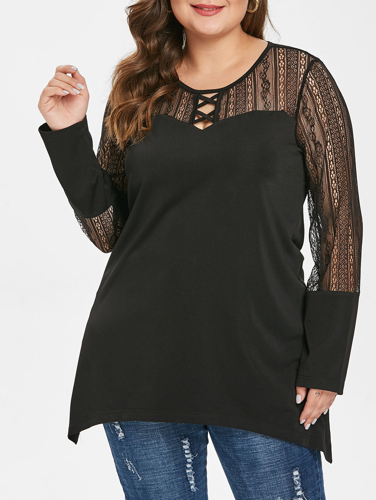 Lace Insert Criss Cross Plus Size T-shirt BLACK