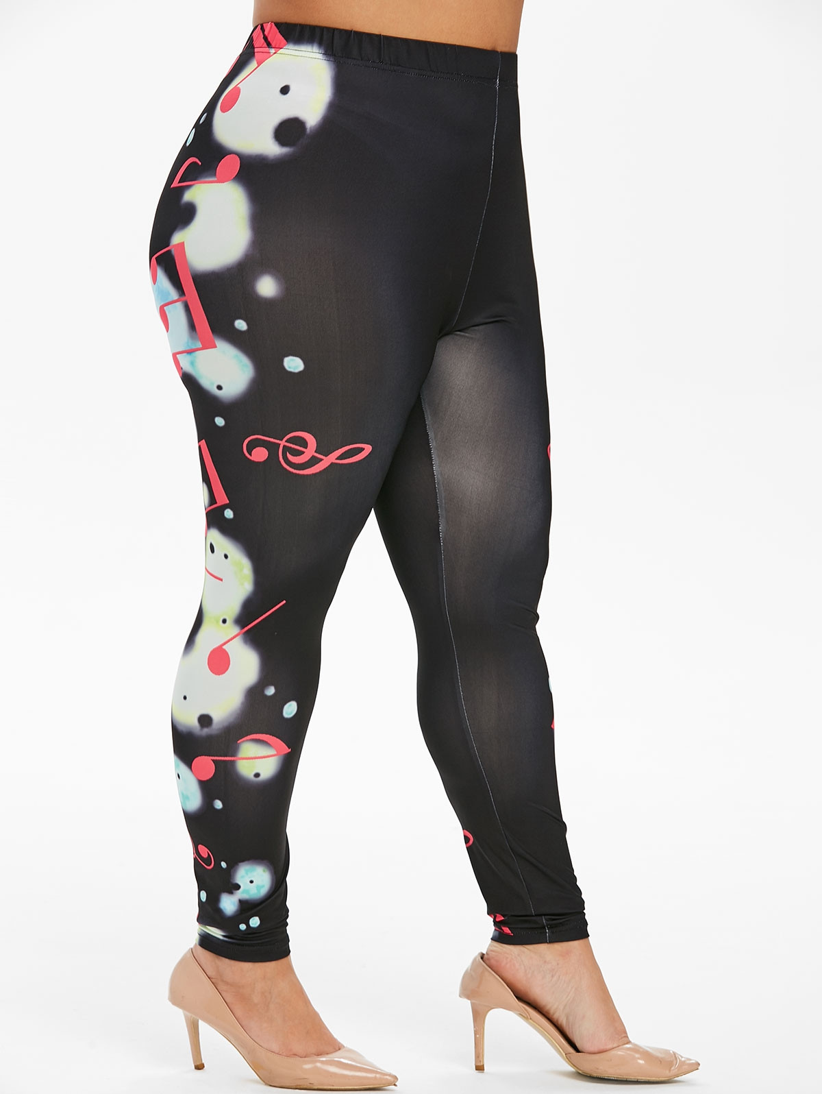 Plus Size High Waisted Musical Note Leggings BLACK
