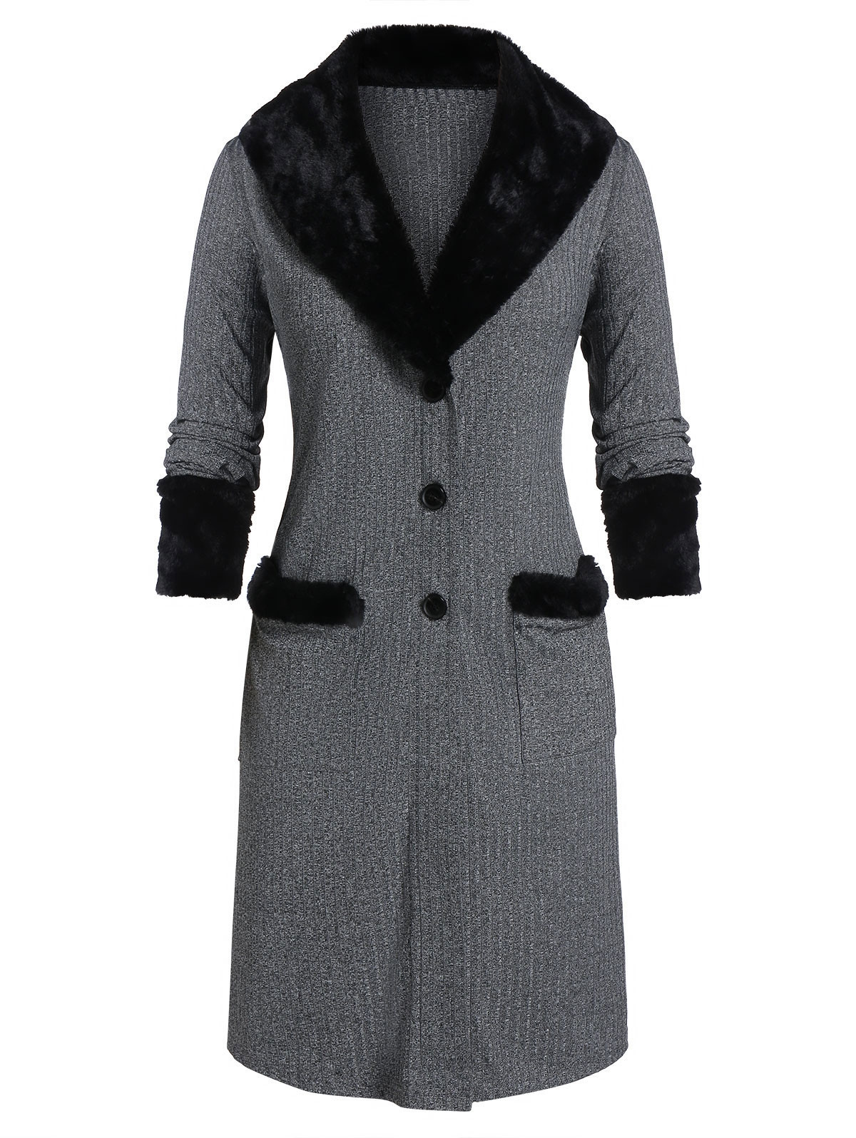 Plus Size Faux Fur Panel Shawl Collar Pocket Knit Cardigan JET GRAY
