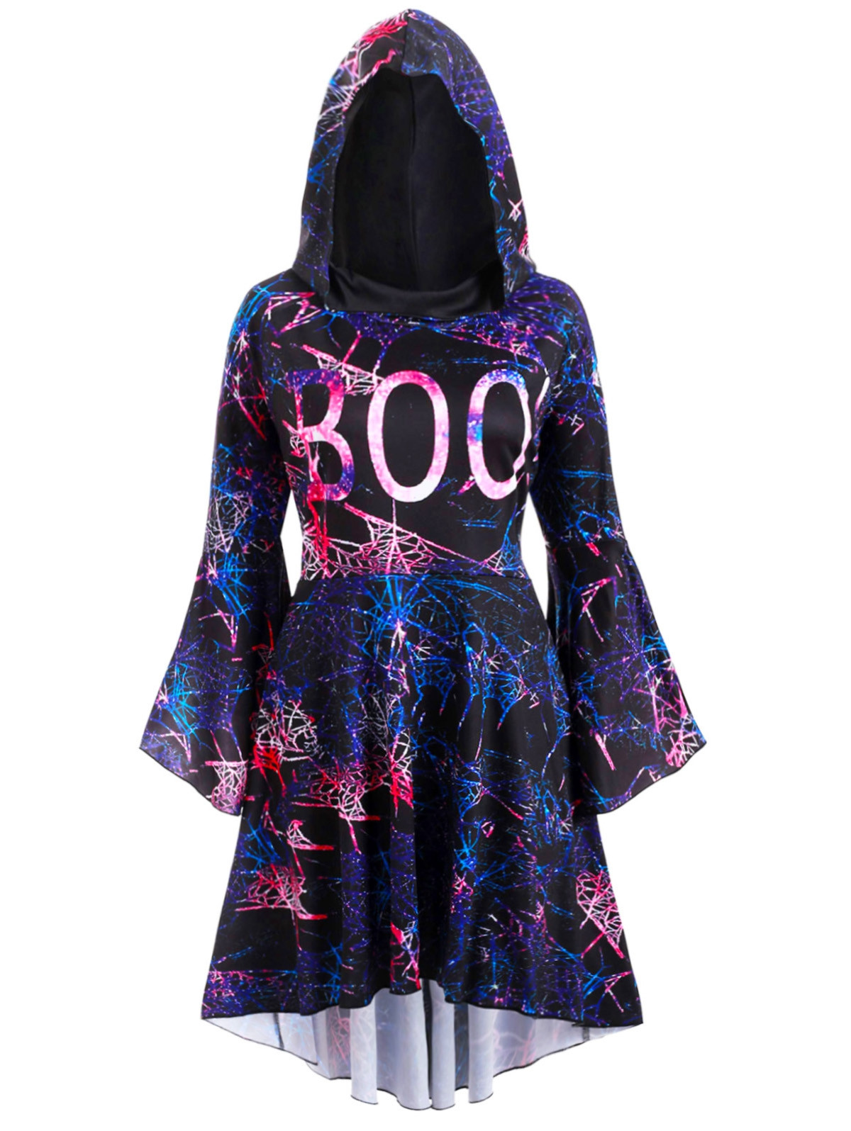 Galaxy Print Flare Sleeve High Low Hooded Plus Size Dress BLACK