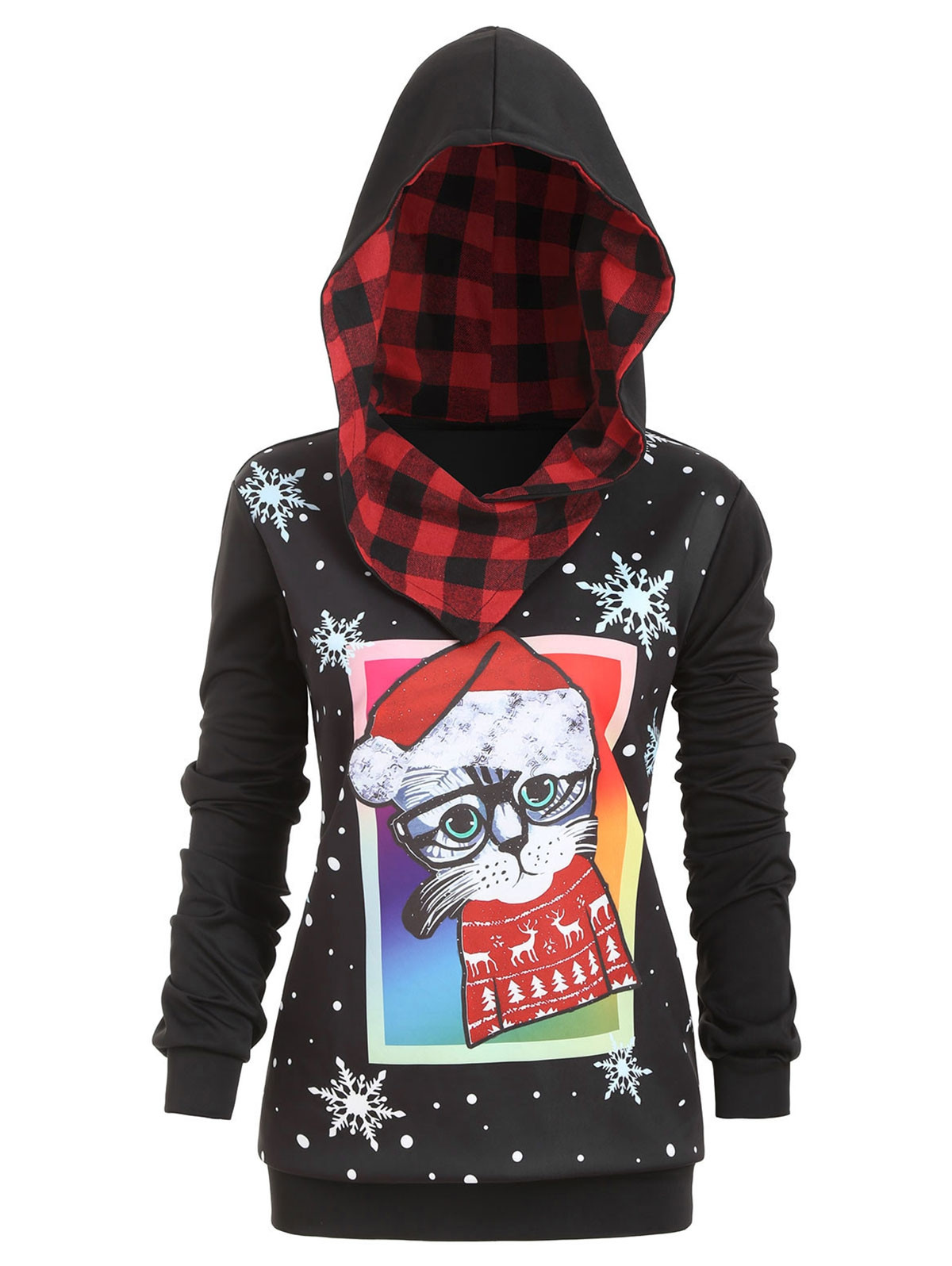 Plus Size Cat Snowflake Print Christmas Hoodie BLACK
