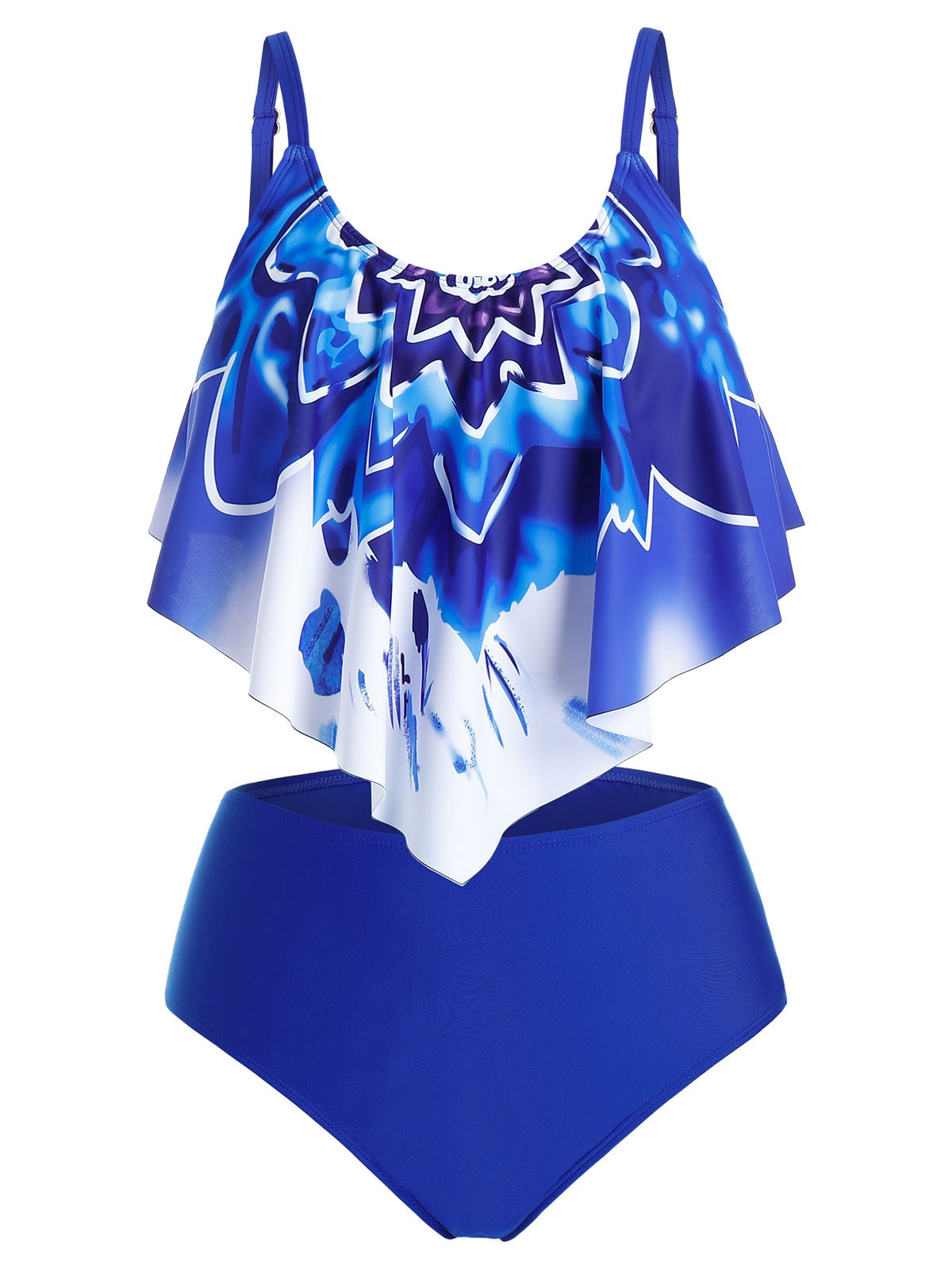 Plus Size Ruffle Printed Tankini Swimwear BLUEBERRY BLUE