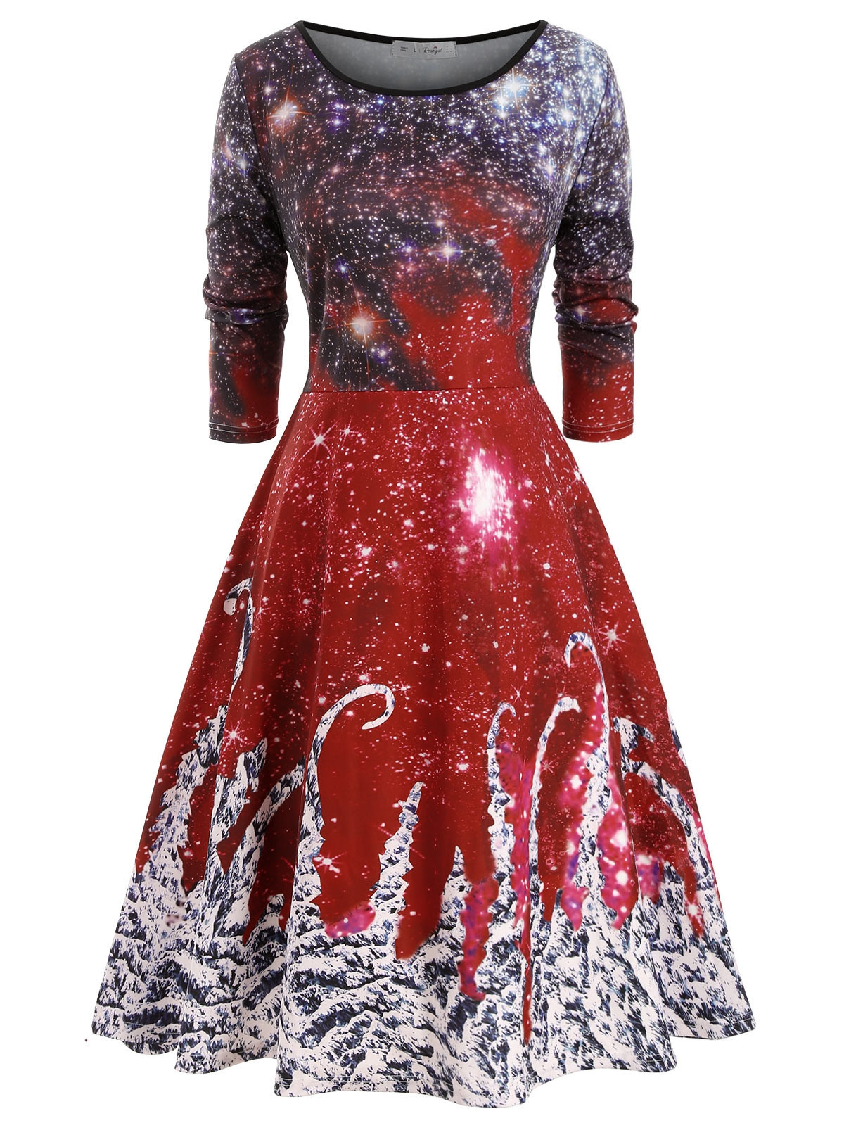 Galaxy Printed Christmas Long Sleeve Plus Size Dress RED